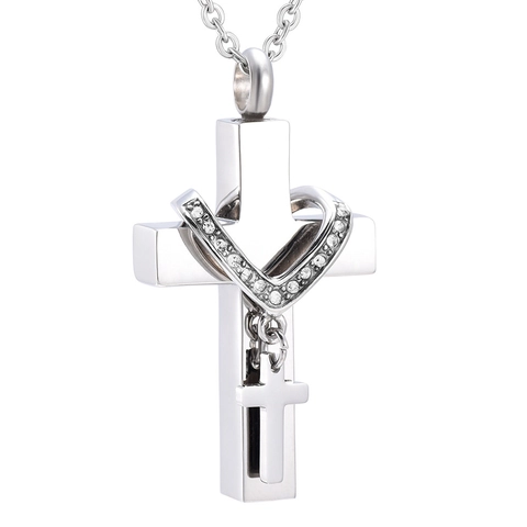 Cross Cremation Urn Necklace For Ashes Stainless Steel Heart Rhinestone Pendant Memorial Jewelry Multi Layer Polished