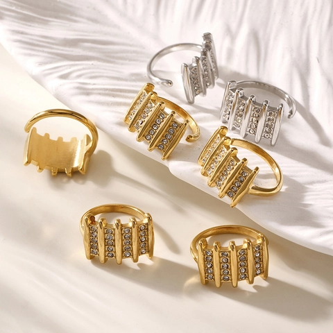 Stainless Steel Geometric Multi Row Zircon Ring Open Adjustable Fashion Jewelry For Women