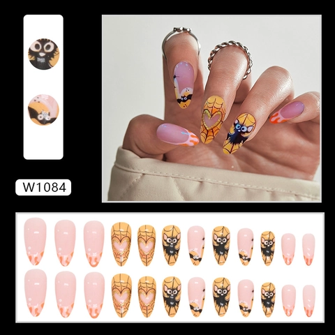 Halloween Press On Nagels Amandelvorm Vleermuis Spinnenweb Vlam Ontwerp Oranje Roze Zwart Dark Style Vrouwen