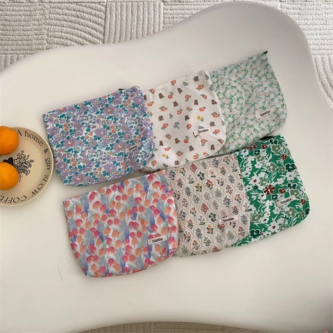 Borsa Per Cosmetici In Cotone Con Stampa Floreale Pochette Trucco Motivo Orso Chiusura Lampo Organizzatore Da Viaggio