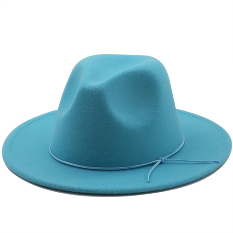 Wide Brim Fedora Hat Woolen Felt Jazz Panama Cap With Rope Band Solid Color Vintage Style For Men And Women