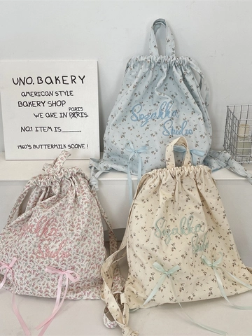 Floral Print Kordelzug Rucksack Polyester Stickerei Bogen Dekor Vintage Cottagecore Stil Für Frauen