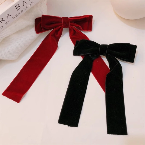 Velvet Bowknot Hair Clip With Long Ribbon Retro Duckbill Clip Elegant Headwear For Women Girls