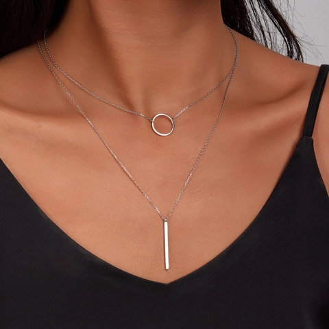 Double Layer Necklace 925 Sterling Silver Geometric Circle And Bar Pendant Clavicle Chain Minimalist Fashion Women Gift
