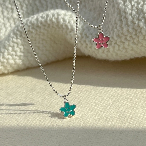 Collana Pendente a Forma di Fiore e Stella con Sorriso Rame Placcato Argento Catena a Sfere per Donna Ragazza Gioielli Y2K
