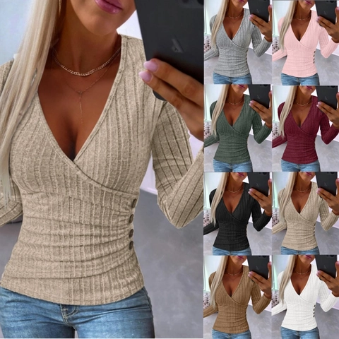 Damen Langarm T-Shirt V-Ausschnitt Rippstrick Schmale Passform Seitenknopf Dekor Casual Pullover Oberteile Polyester