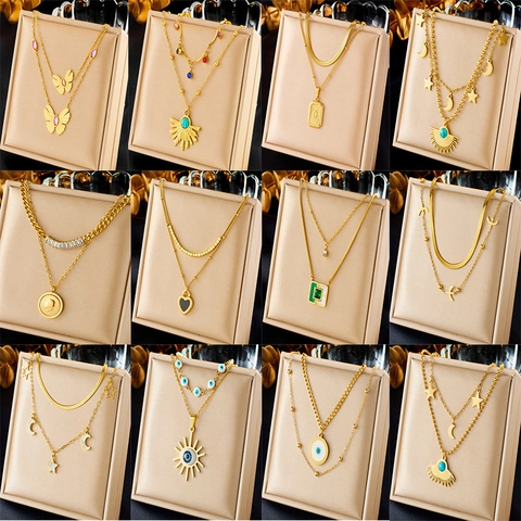 Double Layer Stainless Steel Necklace Women Gold Plated Star Moon Butterfly Turquoise Pendant Vintage Ethnic Boho Style Jewelry