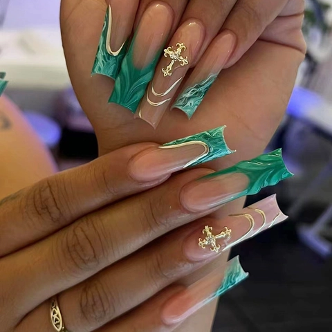 Unghie Finte Press On Nails Long Coffin Verde Scuro Marmo Linea Oro 3D Croce Strass Plastica ABS Stile Gotico Elegante