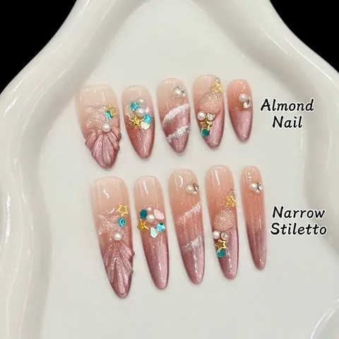 Uñas Postizas Hechas A Mano Degradado Ojo De Gato Rosa Púrpura Perla Artificial Diamante De Imitación Concha Estrella Decoración Almendra Stiletto