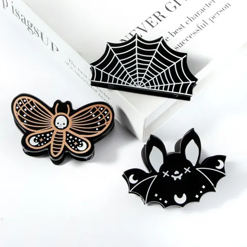 Mollette Per Capelli Halloween Acrilico Pipistrello Tela Di Ragno Teschio Falena Gotico Novità Accessori Festa Donna