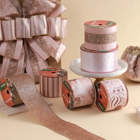 Christmas Ribbon Rose Gold Pink Glitter Bronzing Wired Edge For Xmas Tree Decoration And Gift Wrapping Festive Ornament