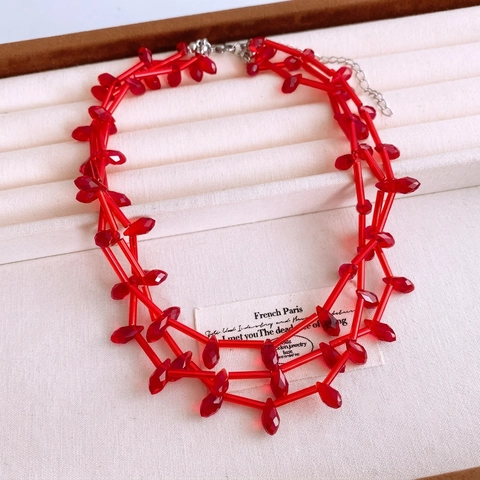 Red Multi-Layer Glass Beaded Necklace With Copper Water Drop Shape Adjustable Fashion Clavicle Chain For Women