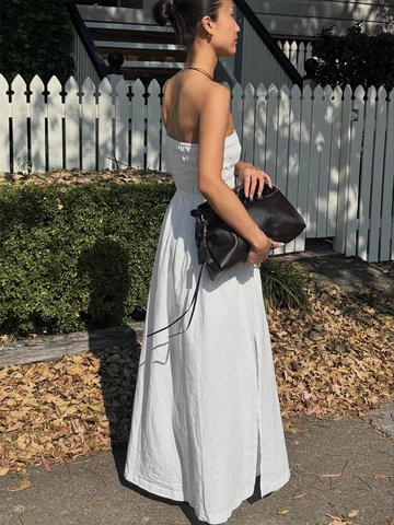 Smocked Tube Maxi Dress 100% Cotton Strapless High Waist A-Line Summer Beach Vacation Solid White For Women