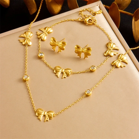 Stainless Steel Gold Plated Bowknot Necklace Bracelet And Stud Earrings Elegant Jewelry For Women Cubic Zirconia