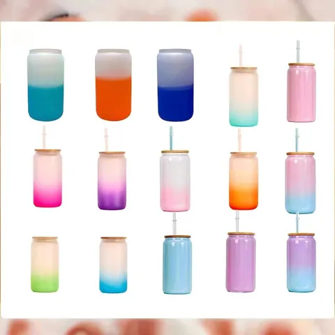Frosted Sublimation Glass Can Cup With Bamboo Lid And Glass Straw Gradient Colorful Borosilicate Drinking Tumbler