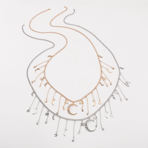 Collar Con Borlas De Estrella Y Luna Diamantes De Imitación Cadena De Cuerpo Larga Joyas Para Mujer Estilo Bohemio