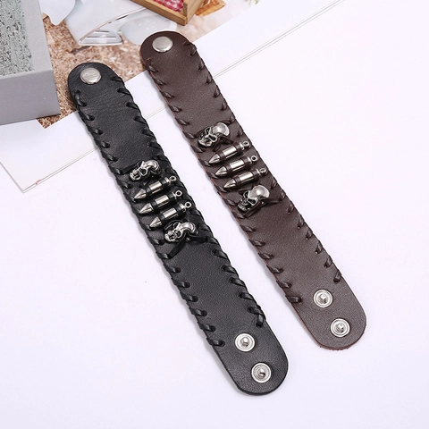 Punk Koeienhuid Lederen Armband Legering Schedel Kogel Studs Geweven Brede Polsband Gothic Biker Stijl Voor Dames En Heren