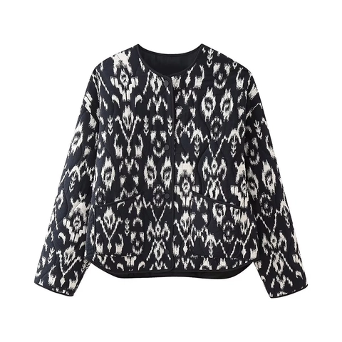 Women's Casual Quilted Jacket Abstract Animal Print Long Sleeve Round Neck Button Up Lightweight Padded Coat Outwear