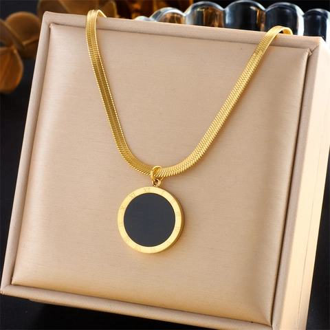 Collana Con Pendente A Disco Rotondo In Acciaio Inossidabile Placcato Oro Numeri Romani Intarsio Conchiglia Catena Serpente