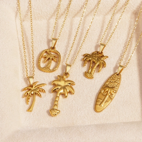 Coconut Palm Tree Surfboard Pendant Necklace Gold Plated Stainless Steel Summer Beach Holiday Style For Women Men