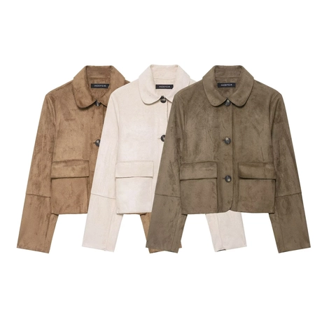 Veste En Daim Pour Femmes Courte Col Rabattu Boutonnière Poches À Rabat Coupe Décontractée Style Streetwear Mode