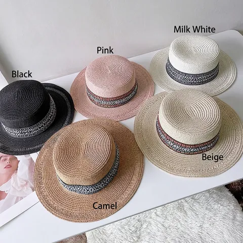 Chapeau de Paille de Vacances d'Été de Style Ethnique Bohème Femmes Chapeau de Soleil à Sommet Plat Fedora de Plage à Ruban