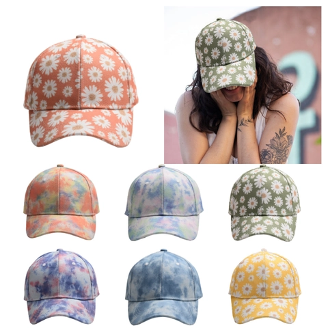 Women's Daisy Print And Tie Dye Baseball Cap Cotton Polyester Sun Protection Outdoor Casual Adjustable Curved Brim Hat