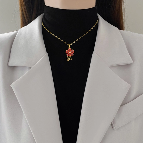 Red Flower Pendant Necklace Titanium Steel Chain Copper Micro Pave Zircon Elegant Clavicle Jewelry For Women