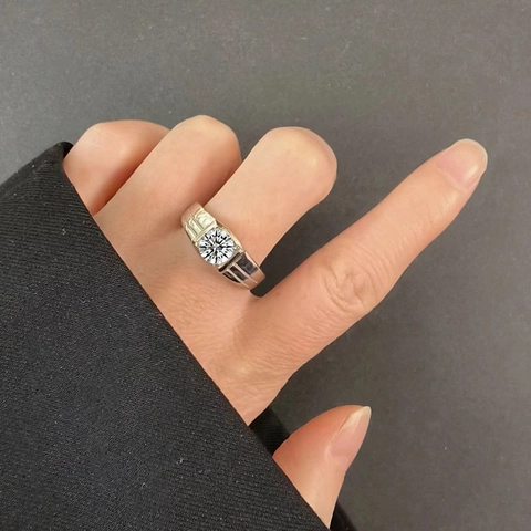 925 Sterling Silver Men Ring Round Zirconia Adjustable Opening Engagement Wedding Band Luxury Business Fashion Male Finger Jewelry