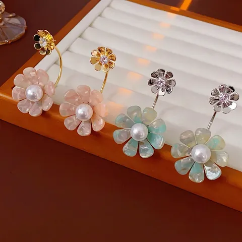 Orecchini Pendenti A Fiore Con Perno In Argento Zirconia E Künstliche Perle Sintetiche Petali Di Resina Gioielli Chic Per Donne