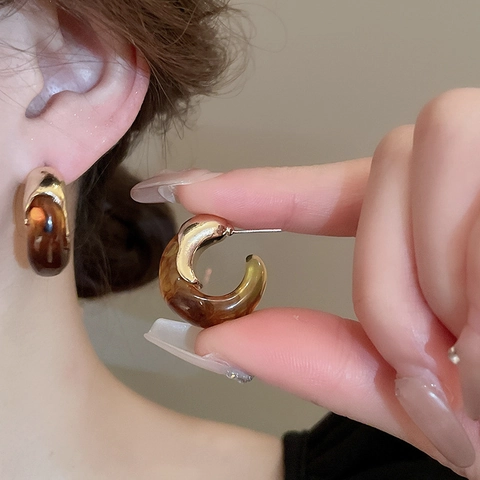 Retro C-Shape Resin Hoop Stud Earrings With 925 Sterling Silver Earring Post Geometric Minimalist For Women