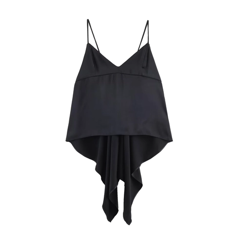 Women Satin Camisole Top Asymmetrical Hem Spaghetti Strap V Neck Sexy Backless Lace Up Solid Color Streetwear