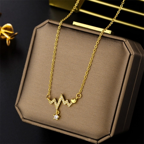 Collar de Acero Inoxidable con Colgante de Latido de Corazón EKG con Diamantes de Imitación Chapado en Oro Joyería para Mujer