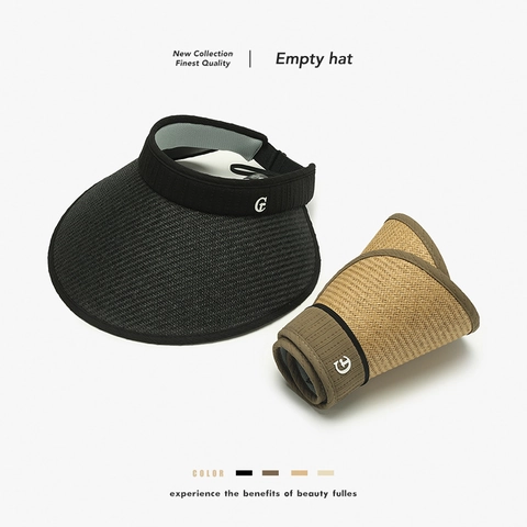Women Sun Visor Hat Raffia Paper Straw UPF 50 Plus Wide Brim Foldable UV Protection Outdoor Beach Elegant Adjustable Metal Decor