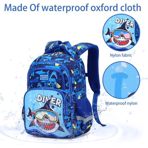 Kids Backpack Waterproof Oxford Cloth Ergonomic Spine Protection School Bag Cartoon Dinosaur Shark Prints For Boys Girls