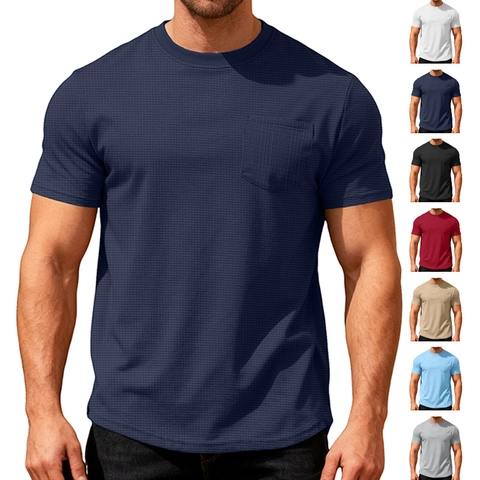Camiseta Hombre Textura Gofre Manga Corta Bolsillo Cuello Redondo Transpirable Top Casual 95% Poliéster 5% Elastano