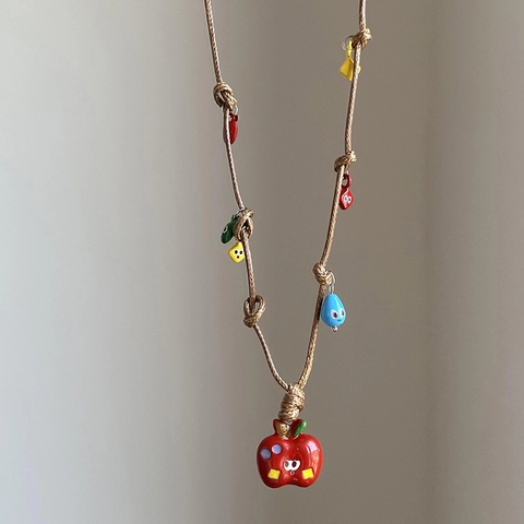 Collana Con Ciondolo A Forma Di Mela Rossa Cartoon Con Corda Intrecciata Marrone E Perline Colorate Gioielli Y2K