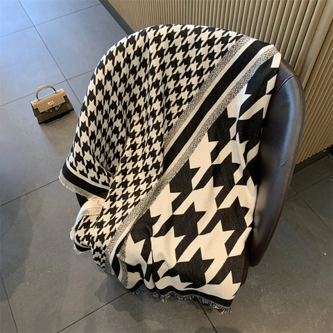 Grand Foulard Carré Pied De Poule Étoile Géométrique Châle En Faux Cachemire Avec Franges Épais Chaud Hiver Femmes