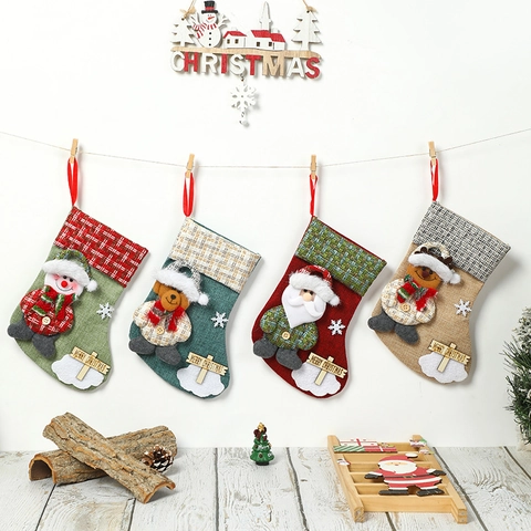Kerstsokken Linnen Jute Pluche 3D Cartoon Kerstman Sneeuwpop Rendier Boom Open Haard Hangende Decoratie Cadeautassen