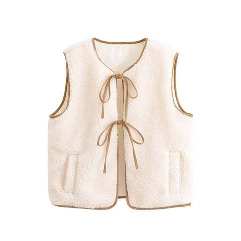 Gilet In Pile Sherpa Donna Bordo A Contrasto Fiocco Senza Maniche Girocollo Casual Vintage Caldo Capispalla Lady