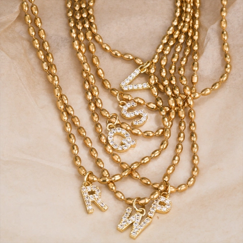 Ketting Met Hanger Voor Beginletter Roestvrijstalen Ovalen Kralenketting Zirkonia Ingelegd Verguld Sleutelbeen Voor Dames