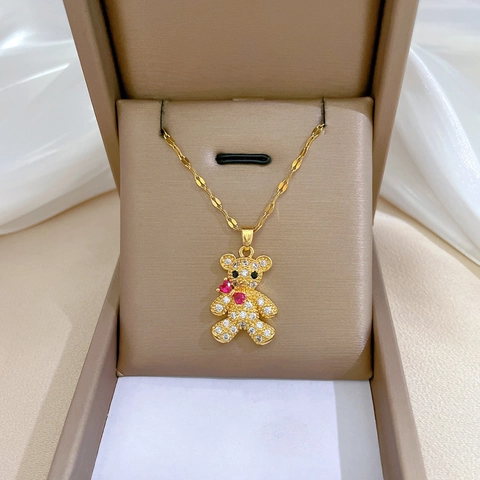 Collana Con Pendente Orsetto Catena In Acciaio Inossidabile Rame Con Zircone Intarsiato Catena Elegante Da Donna