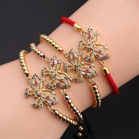 Butterfly Charm Bracelet Copper Gold Plated Micro Pave Zircon Colorful Rhinestone Adjustable Rope Chain Jewelry For Women