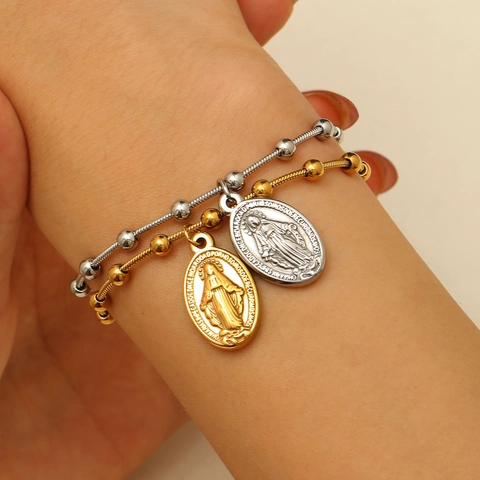 Vintage Stainless Steel Virgin Mary Medal Cross Bracelet For Women Religious Prayer Jewelry Gold Silver Plated Lobster Clasp