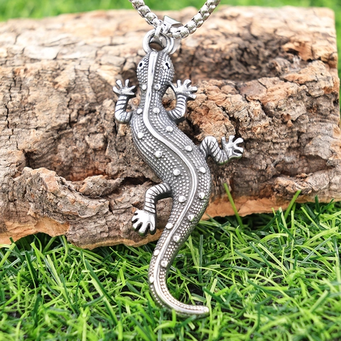 Collana Con Pendente Geco Lucertola Acciaio Inossidabile Gothic Punk Hip Hop Gioielli Retro Per Uomo Tono Argento