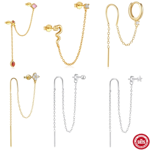 Minimalist S925 Sterling Silver Zirconia Tassel Earrings For Women Gold Silver Clover Snake Long Chain Earline Jewelry