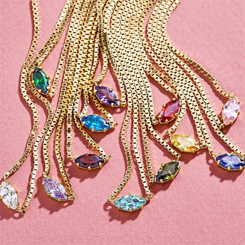 Kupfer Marquise Schliff Geburtsstein Halskette 14K Vergoldete Boxkette Minimalistisch Bunte Zirkonia Anhänger Schmuck Frauen