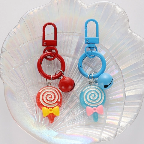 Cute Lollipop Keychain Creative Sweet Bag Pendant With Bell Swirl Pattern Resin Keyring Decorative Accessory For Women Kids Gift