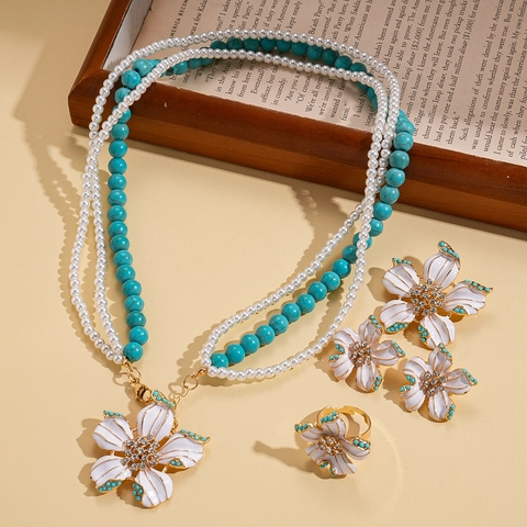 Collana Fiori Orecchini Anello Spilla Lega Smalto Imitazione Perla Artificial Pietra Turchese Multistrato Silver Earring Post Donna
