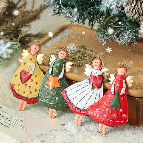 Christmas Hanging Ornaments Retro Iron Metal Angel Pendants And Bells Hand Painted Xmas Tree Decoration Festive Holiday